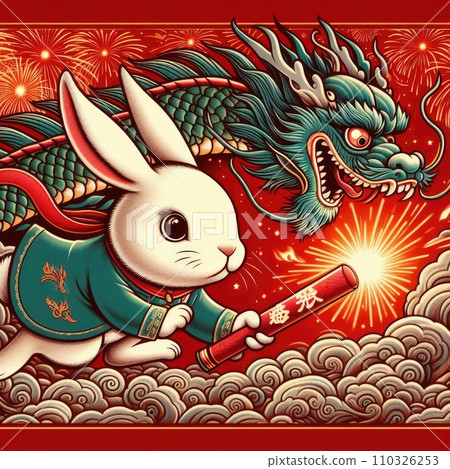 Rabbit passes the relay baton to dragon in red background Rabbit passes the relay baton to dragon in red background 110326253
