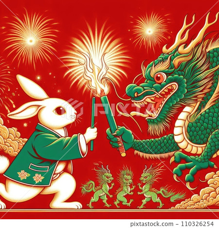 Rabbit passes the relay baton to dragon in red background  110326254