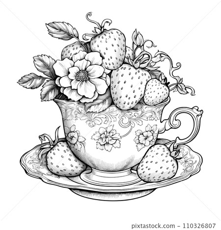 Hand drawn sketch black and white illustration cup of tea strawberry, leaf, berry, flower. Vector illustration. Elements in graphic style label, sticker, menu, package. Engraved style. 110326807