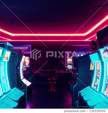 Video Arcade interior with neon light  110326950