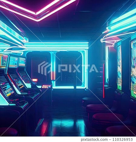 Video Arcade interior with neon light  110326953