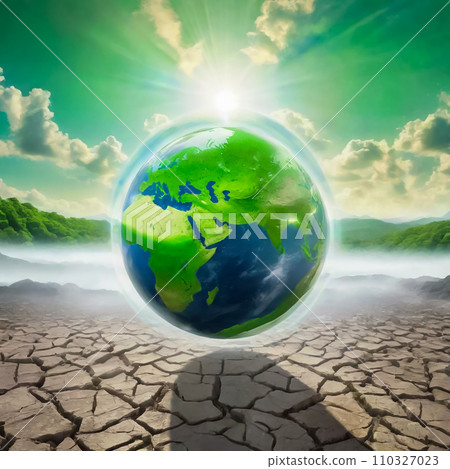 An earth of hope covered in green floating on dry land 110327023