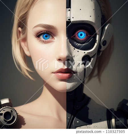 半張臉分為機器人和女性的插圖，生成ai 110327305