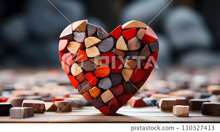 Lively heart-shaped illustrations made from small pieces of wood are displayed prominently. It is like a mind that is taken care of and created with warmth, allowing a person to live a strong life. 110327413