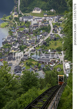 View of the city of Hallstatt and Lake Hallstattersee from a mountain in Austria View of the city of Hallstatt and Lake Hallstattersee from a mountain in Austria 110327878