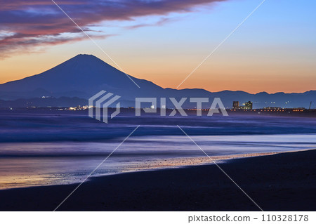 Mt. Fuji seen from Shonan during the magic hour after sunset 110328178