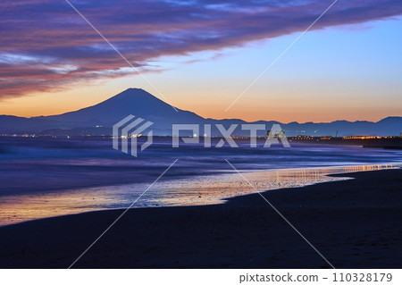Mt. Fuji seen from Shonan during the magic hour after sunset 110328179