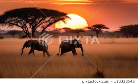 Elephants in the setting sun in the savanna 110328548