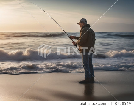 Fisherman fishing on lake or river. Picture of man doing active fishing with holding rod in hand. Stand alone in middle of river or lake. Serious concentrated guy fishing. 110328549