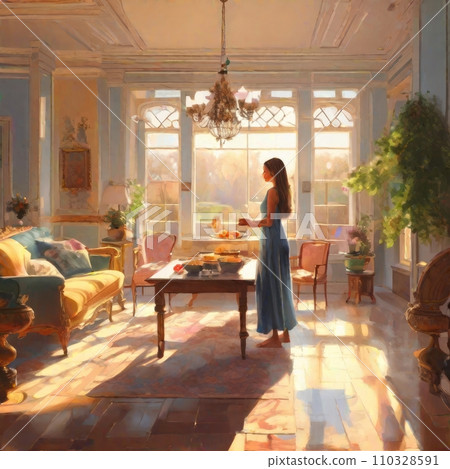 Serene picture of a young woman in the mansion serving breakfast 110328591