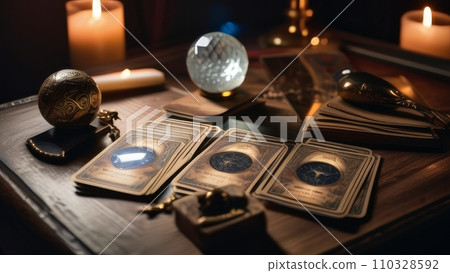 Close up shot of tarot cards and magic crystal ball 110328592