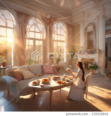 Serene picture of a young woman in the mansion serving breakfast Serene picture of a young woman in the mansion serving breakfast 110328642