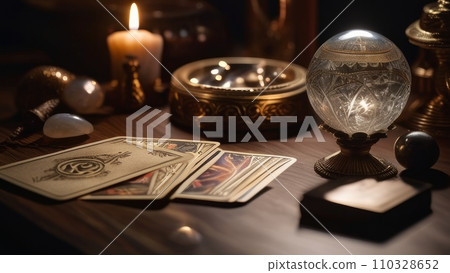 Close up shot of tarot cards and magic crystal ball Close up shot of tarot cards and magic crystal ball 110328652