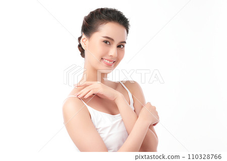 Beautiful young asian woman with clean fresh skin on white background, Face care, Facial treatment, Cosmetology, beauty and spa, Asian women portrait. Beautiful young asian woman with clean fresh skin on white background, Face care, Facial treatment, Cosmetology, beauty and spa, Asian women portrait. 110328766