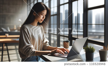 A woman using a computer in a cafe A woman using a computer in a cafe 110328948