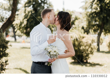 Happy bride and groom after wedding ceremony 110330012