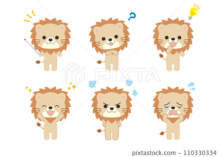 Cute lion illustration set with various expressions and poses Variations Vector White background Full body 110330334
