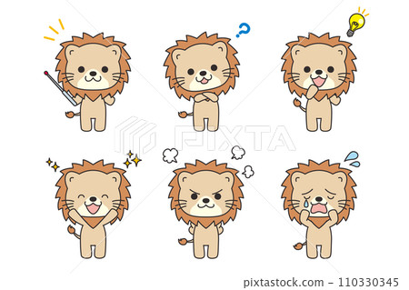 插圖集可愛的獅子，有各種表情和姿勢，變化，向量，白色背景，全身，帶有主線 110330345