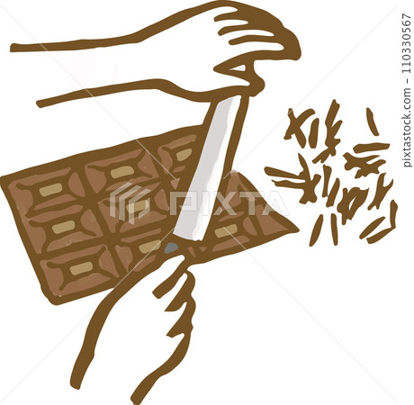 Hand-drawn illustration of hands chopping chocolate into pieces with a knife Hand-drawn illustration of hands chopping chocolate into pieces with a knife 110330567