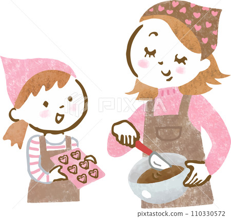Hand-drawn illustration of a parent and child making chocolate for Valentine's Day 110330572