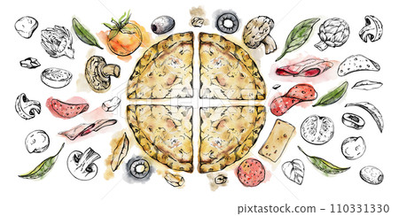 Hand drawn watercolor ink illustration. Pizza dough slice, assorted ingredients, Italian cuisine sketch. Composition isolated on white. Design restaurant menu, cafe, food shop or package, flyer print. Hand drawn watercolor ink illustration. Pizza dough slice, assorted ingredients, Italian cuisine sketch. Composition isolated on white. Design restaurant menu, cafe, food shop or package, flyer print. 110331330