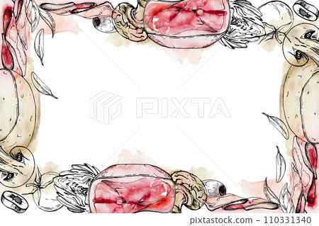 Hand drawn watercolor ink illustration. Champignon mozzarella artichoke prosciutto tomato basil olive. Corner frame isolated on white. Design restaurant, menu, cafe, food shop or package, flyer print. 110331340