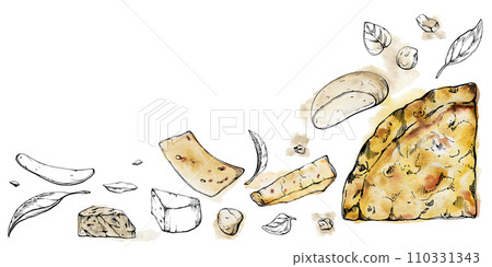 Hand drawn watercolor ink illustration. Quattro formaggi four cheeses pizza slice, Italian cuisine. Composition isolated on white. Design for restaurant menu, cafe, food shop or package, flyer print. Hand drawn watercolor ink illustration. Quattro formaggi four cheeses pizza slice, Italian cuisine. Composition isolated on white. Design for restaurant menu, cafe, food shop or package, flyer print. 110331343