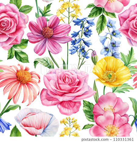 Seamless pattern, watercolor wildflowers. Botanical bouquet flowers for wrapped paper, backdrop. Summer background Seamless pattern, watercolor wildflowers. Botanical bouquet flowers for wrapped paper, backdrop. Summer background 110331361