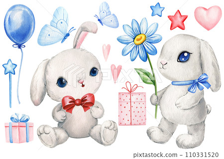 Cute bunny set. playing rabbit watercolor illustration isolated on white background. Watercolor funny bunnies 110331520