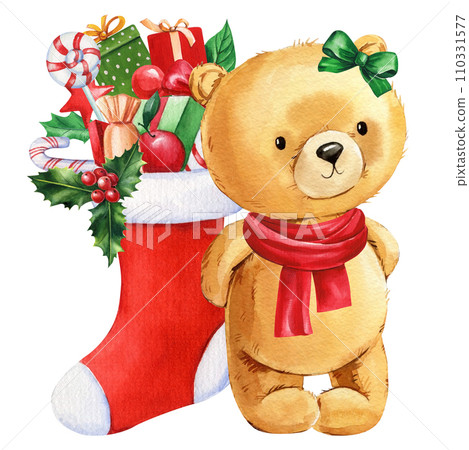 Christmas teddy bear and gift watercolor on isolated white background, art poster, cute bear hand drawn illustration Christmas teddy bear and gift watercolor on isolated white background, art poster, cute bear hand drawn illustration 110331577
