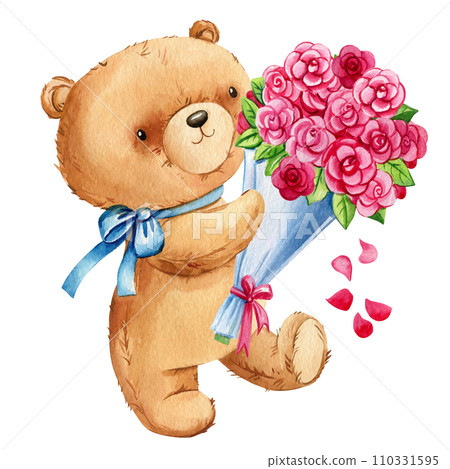 Teddy bear with roses pink flowers, petals on isolated background. Watercolor hand drawn illustration. Baby animal 110331595