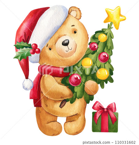 Teddy bear in Santa Claus hat, present and Christmas tree. Watercolor illustration. Design for New Yea and for Christmas Teddy bear in Santa Claus hat, present and Christmas tree. Watercolor illustration. Design for New Yea and for Christmas 110331602