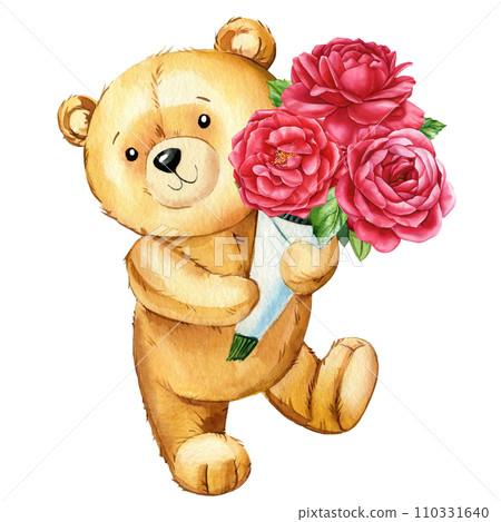 Cute teddy bear and rose design composition, Watercolor kid illustration for wall art decoration, postcard, cover design 110331640