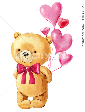 Cartoon cute Teddy bear and heart balloons isolated background. Watercolor hand drawn illustration. Valentine's Day Card 110331642