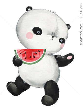 Cute panda with watermelon on isolated background. Watercolor Illustration. Teddy panda bear for print, card, clipart Cute panda with watermelon on isolated background. Watercolor Illustration. Teddy panda bear for print, card, clipart 110331708