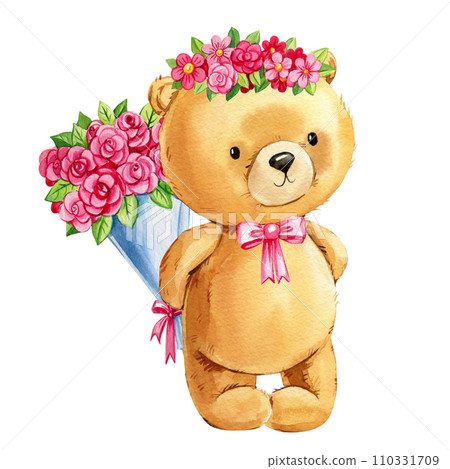 Cute Teddy bear with bouquet roses flowers, isolated background. Watercolor hand drawn illustration, Happy Valentine Day Cute Teddy bear with bouquet roses flowers, isolated background. Watercolor hand drawn illustration, Happy Valentine Day 110331709