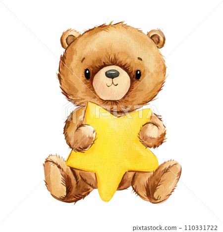Cute teddy bear with star isolated on white background. Watercolor hand draw illustration, teddy bear art poster Cute teddy bear with star isolated on white background. Watercolor hand draw illustration, teddy bear art poster 110331722