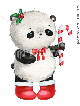 Christmas panda in red boots on isolated background. Watercolor Illustration. Cute panda bear for poster, design, card 110331751