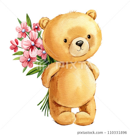 Cute Teddy bear with flowers on isolated background. Watercolor hand drawn illustration for kids birthday. Baby animal Cute Teddy bear with flowers on isolated background. Watercolor hand drawn illustration for kids birthday. Baby animal 110331896