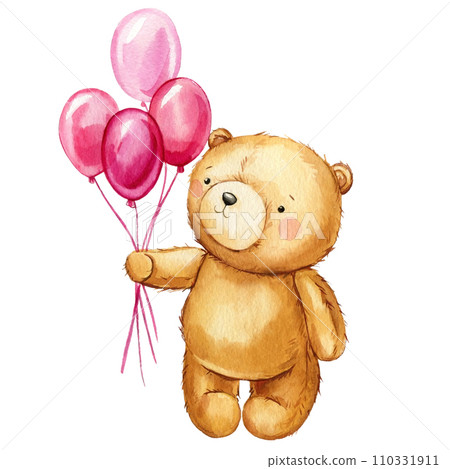 Cartoon cute Teddy bear and balloon on isolated background. Watercolor hand drawn illustration. Cute little bear toy 110331911