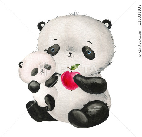 Mom and baby panda watercolor hand drawn illustrations, Baby animal set on isolated background for poster, card, design Mom and baby panda watercolor hand drawn illustrations, Baby animal set on isolated background for poster, card, design 110331938