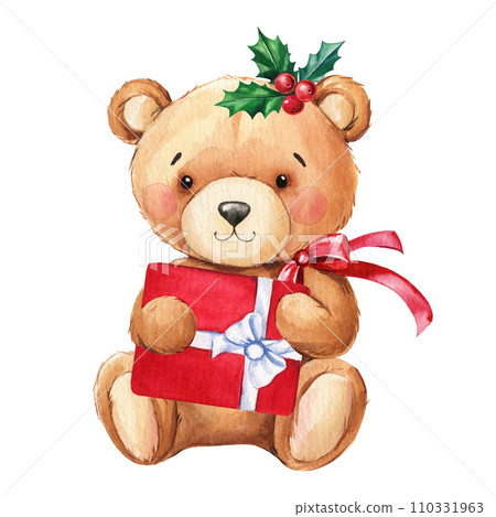 Teddy bear with red bow and Christmas present. Watercolor illustration. Design for New Yea and for Christmas Teddy bear with red bow and Christmas present. Watercolor illustration. Design for New Yea and for Christmas 110331963