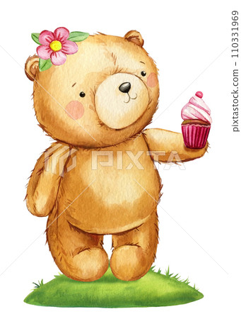 Cartoon cute Teddy bear with cupcake on isolated background. Watercolor hand drawn illustration.  110331969
