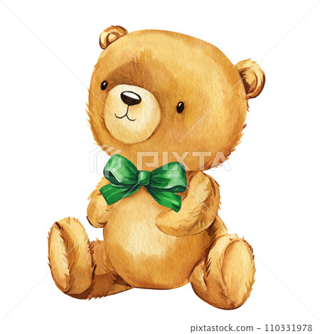 Teddy bear with green bow. Watercolor illustration. Bear doll on white isolated background. Cute toy animal Teddy bear with green bow. Watercolor illustration. Bear doll on white isolated background. Cute toy animal 110331978
