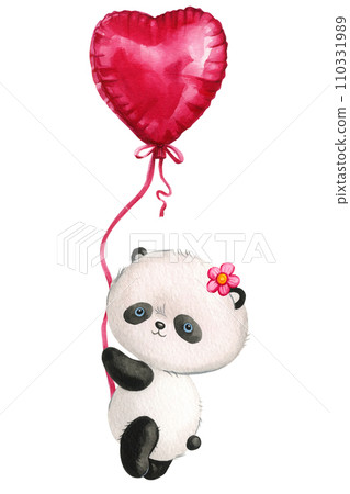 Cute cartoon panda and pink heart on isolated background. Watercolor Illustration. Teddy panda bear, valentines day 110331989