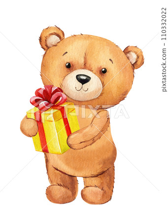 Cute teddy bear with gift design composition, Watercolor kid illustration for art postcard, cover design, decoration Cute teddy bear with gift design composition, Watercolor kid illustration for art postcard, cover design, decoration 110332022