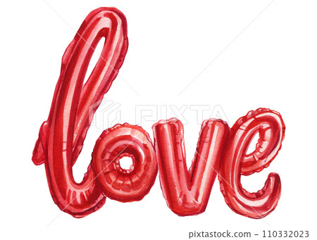 Red Love balloons. Valentines day card. Watercolor illustration on isolated white background. Party decoration Red Love balloons. Valentines day card. Watercolor illustration on isolated white background. Party decoration 110332023