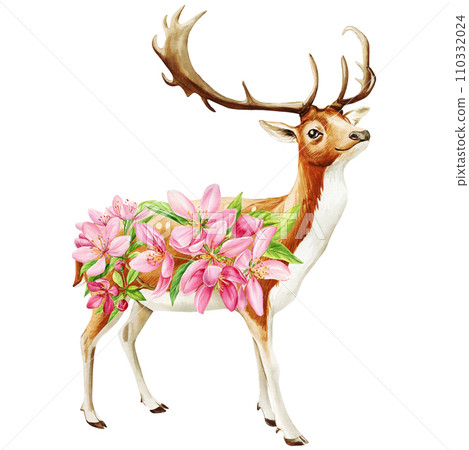 Animal forest deer in pink apple flowers. Watercolor Isolated illustration 110332024