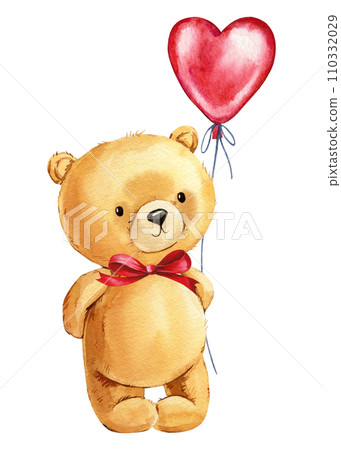 Teddy bear with heart balloon Hand painted watercolor illustration isolated white background. Valentines Day Teddy bear with heart balloon Hand painted watercolor illustration isolated white background. Valentines Day 110332029