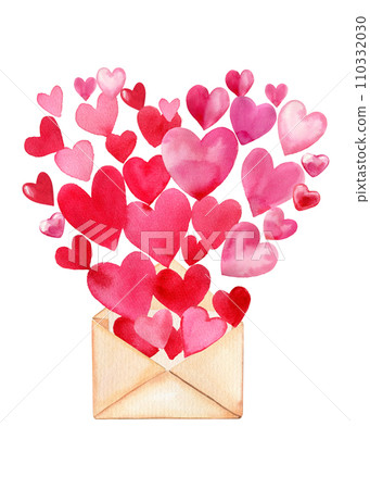 Watercolor envelope with hearts, valentine day letter isolated, love concept illustration, Happy Valentines Day card 110332030